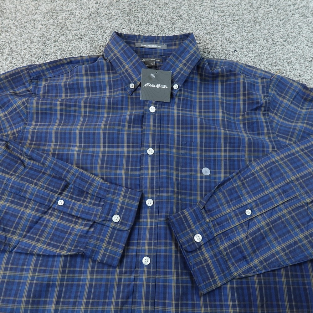 NEW Eddie Bauer Shirt Mens‎ LT Blue Plaid Wrinkle Free Long Sleeve Button Up Top